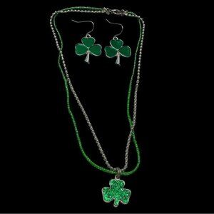 Shamrock Necklace & Earrings Set - Green Glitter Pendant & Silver/Green Beads -